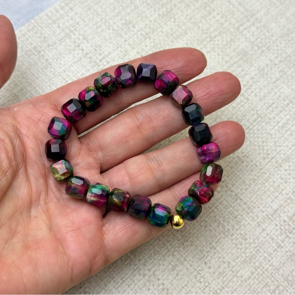 Multi color galaxy rainbow tigers eye beaded stretch bracelet